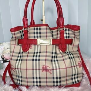 Burberry Beige Check Tote with Red Leather Trim